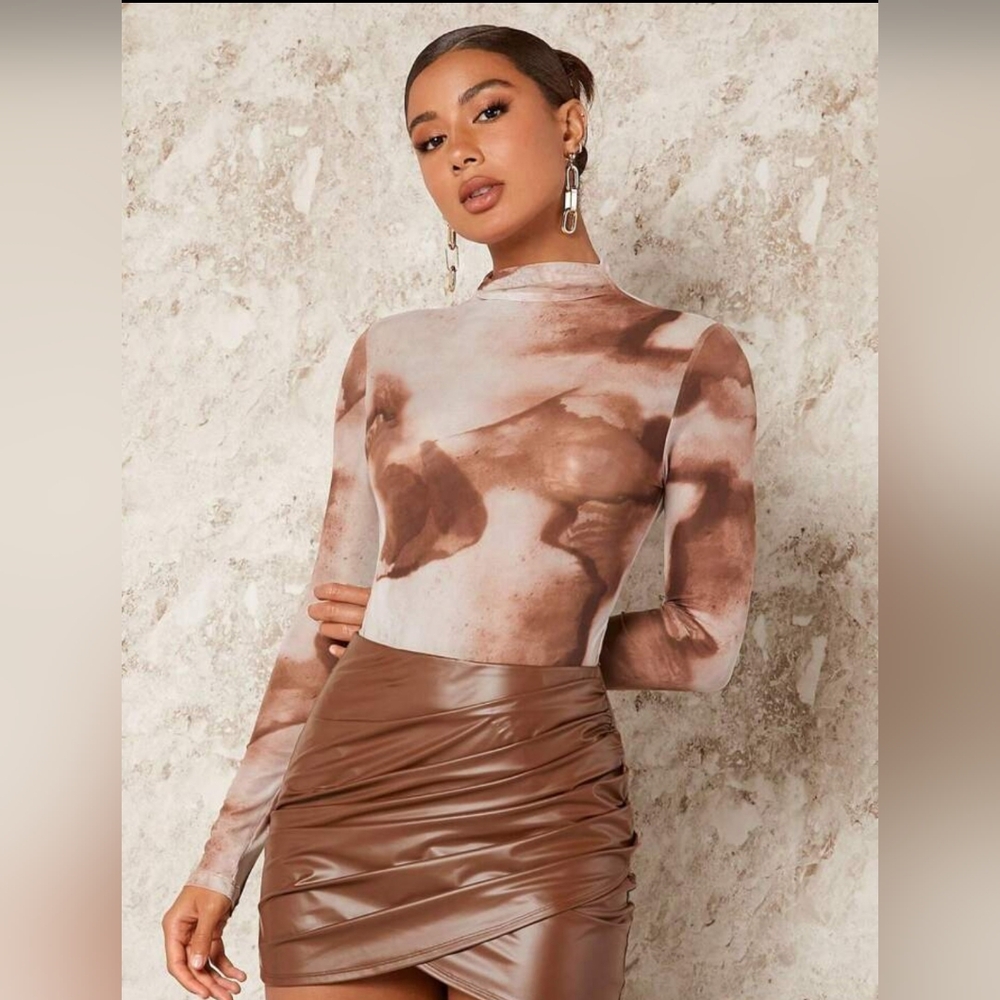 Shein Bae Elegant Tie-Dye Sheer Mock Neck Bodysuit Size Large